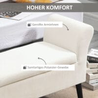 Cremeweisse Sitzbank mit Stauraum und bequemen Armlehnen, bezogen mit strapazierfähigem Polyester.