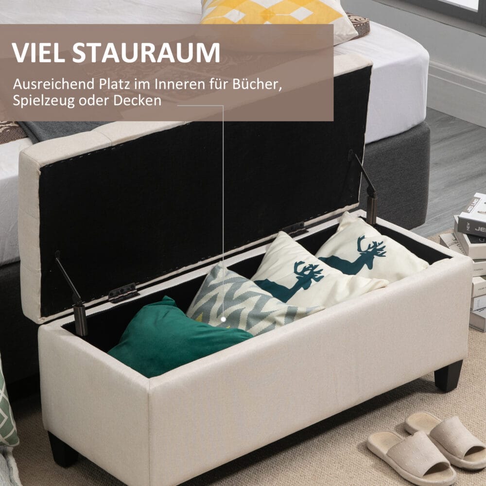 Cremeweisse Sitzbank mit Stauraum, Masse 100x40x44cm. Passt sich dezent jeder Einrichtung an und bietet zusätzlichen Stauraum.