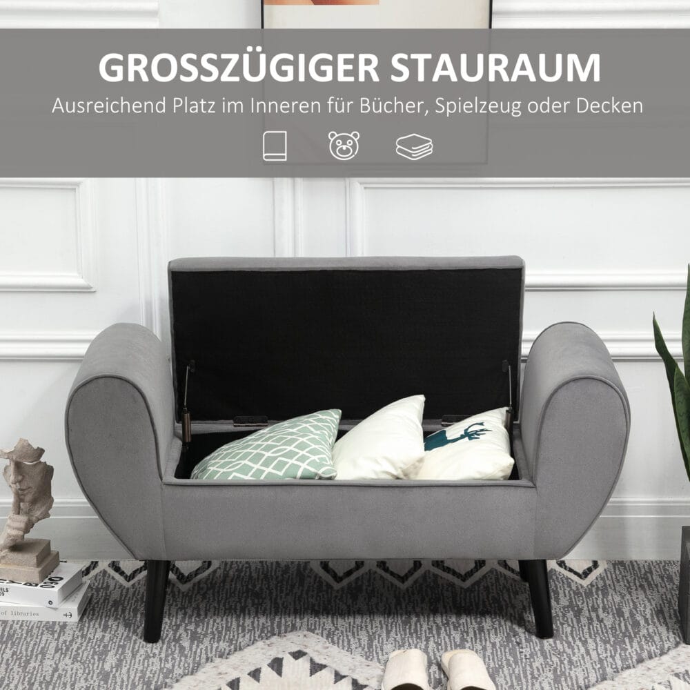 Graue Sitzbank mit Stauraum, Masse 118x42x66cm. Eine grosse Sitzbank mit viel Platz für Ihre Gegenstände.