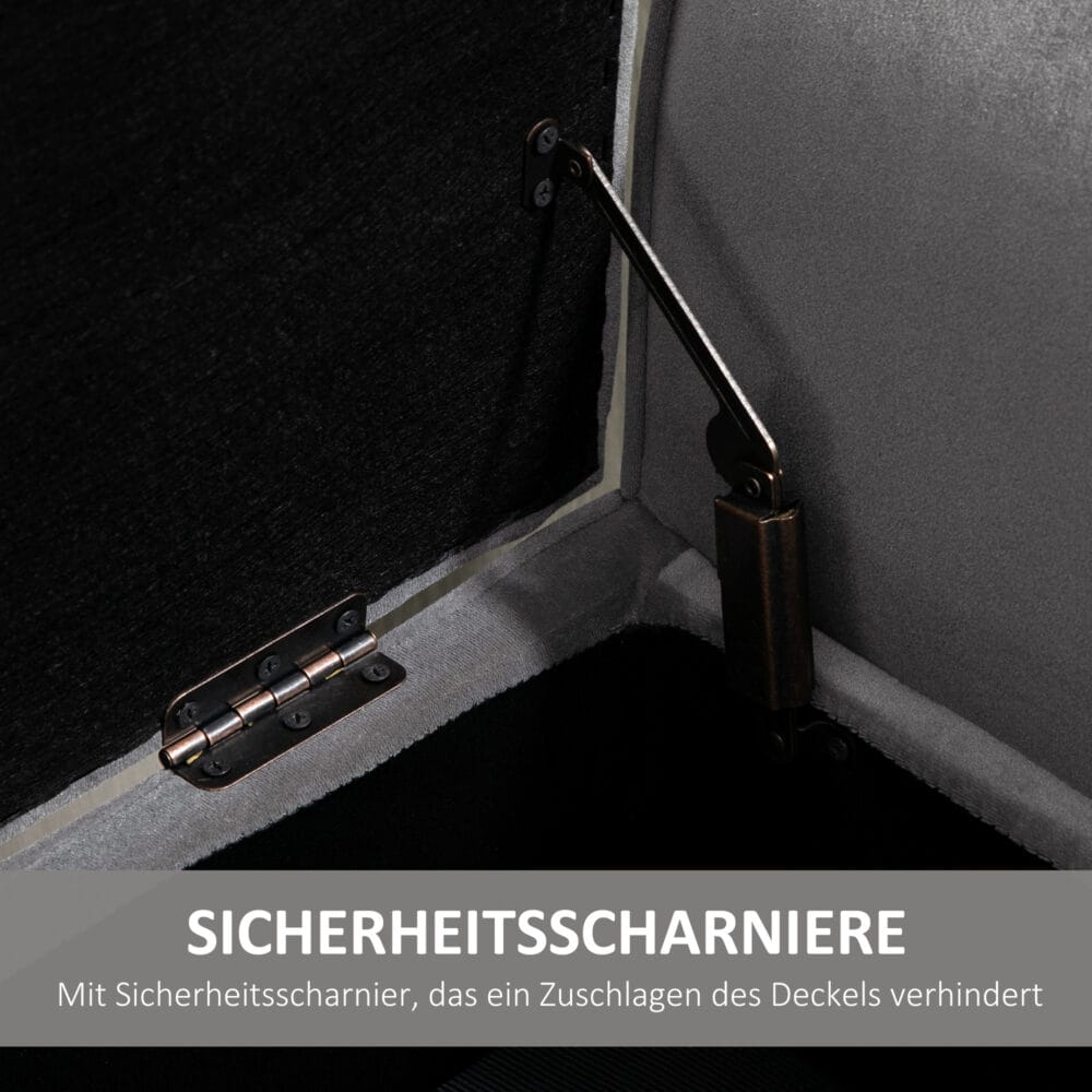 Graue Sitzbank mit Stauraum, Masse 118x42x66cm. Eine grosse Sitzbank mit viel Platz für Ihre Gegenstände.