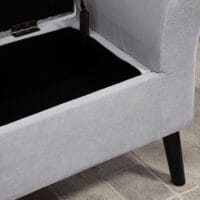 Hellgraue Sitzbank mit Stauraum, Masse 115.5x43.5x66cm. Eine geräumige und moderne Sitzlösung.