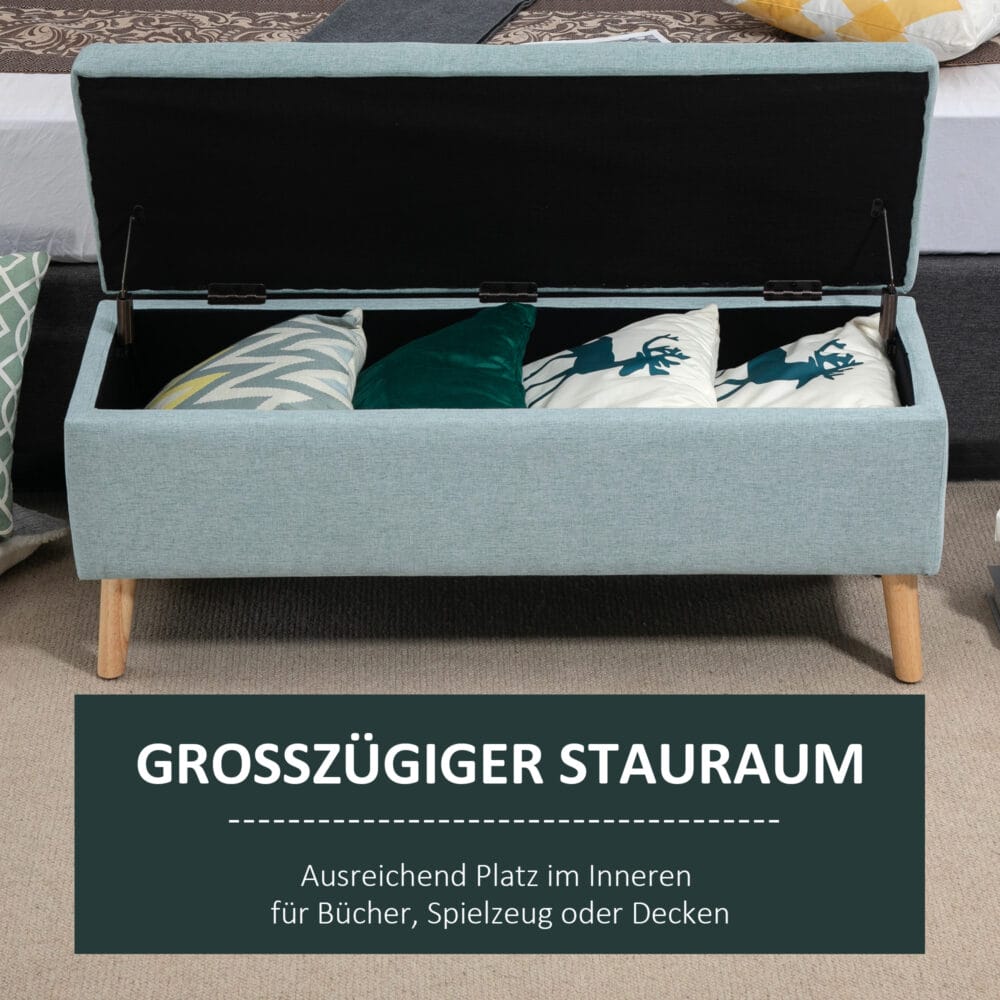 Hellgrüne Sitzbank mit Stauraum, Masse 110x39x45cm. Eine frische Farbe für ein funktionales Möbelstück.