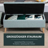 Hellgrüne Sitzbank mit Stauraum, Masse 110x39x45cm. Eine frische Farbe für ein funktionales Möbelstück.