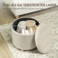 Runde cremeweisse Sitzbank mit weicher Kaschmiroptik-Polsterung und stabilem Holzrahmen, bietet eleganten Stauraum.