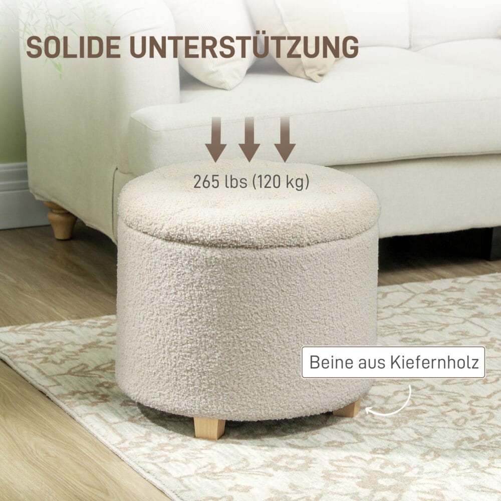 Runde cremeweisse Sitzbank mit weicher Kaschmiroptik-Polsterung und stabilem Holzrahmen, bietet eleganten Stauraum.