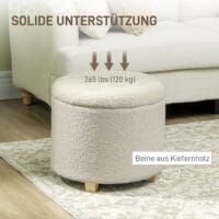 Runde cremeweisse Sitzbank mit weicher Kaschmiroptik-Polsterung und stabilem Holzrahmen, bietet eleganten Stauraum.