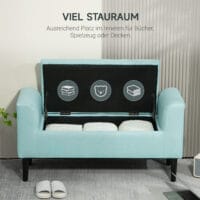 Grüne Sitzbank mit Stauraum in Leinenoptik, Masse 116x44x58cm, belastbar bis 130kg. Bietet viel Platz für verschiedene Gegenstände.