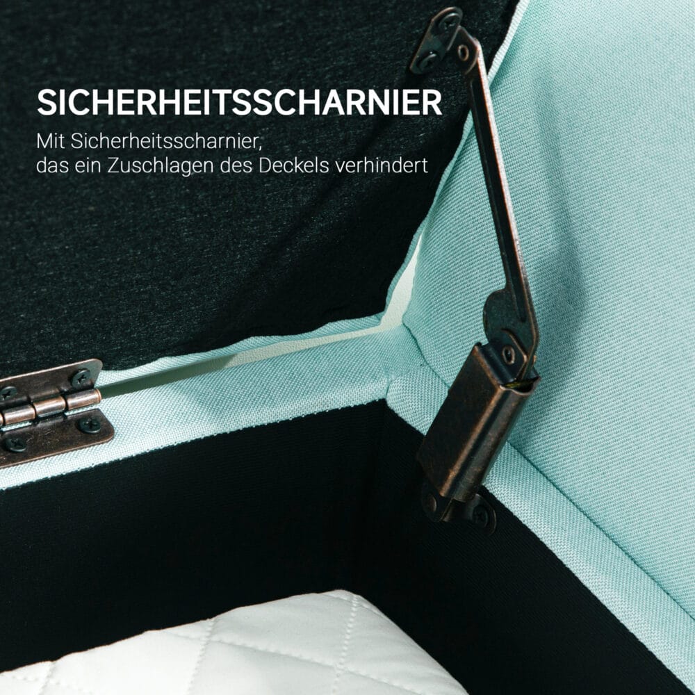 Grüne Sitzbank mit Stauraum in Leinenoptik, Masse 116x44x58cm, belastbar bis 130kg. Bietet viel Platz für verschiedene Gegenstände.
