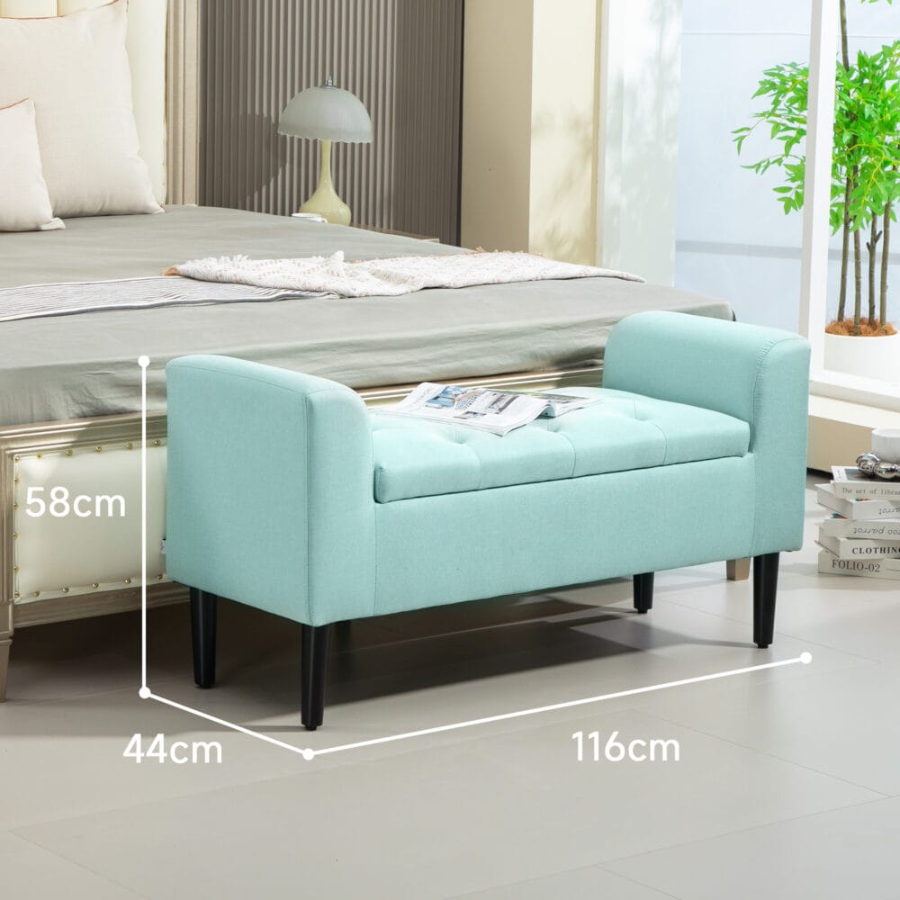 Grüne Sitzbank mit Stauraum in Leinenoptik, Masse 116x44x58cm, belastbar bis 130kg. Bietet viel Platz für verschiedene Gegenstände.