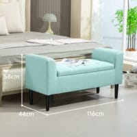 Grüne Sitzbank mit Stauraum in Leinenoptik, Masse 116x44x58cm, belastbar bis 130kg. Bietet viel Platz für verschiedene Gegenstände.