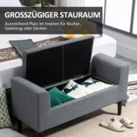 Hellgraue Sitzbank mit Stauraum in Leinenoptik, belastbar bis 130kg. Eine robuste und praktische Ergänzung für Flur oder Wohnzimmer.