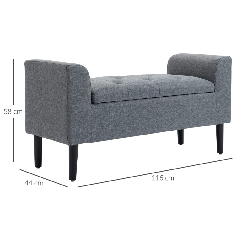 Hellgraue Sitzbank mit Stauraum in Leinenoptik, belastbar bis 130kg. Eine robuste und praktische Ergänzung für Flur oder Wohnzimmer.