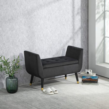 Dunkelgraue Sitzbank mit Stauraum in Samtoptik, Masse 107x42x65cm. Eine luxuriöse und funktionale Ergänzung.
