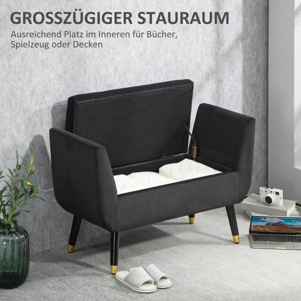Dunkelgraue Sitzbank mit Stauraum in Samtoptik, Masse 107x42x65cm. Eine luxuriöse und funktionale Ergänzung.
