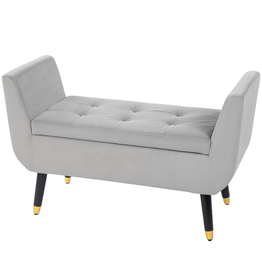 Hellgraue Sitzbank mit Stauraum in Samtoptik, Masse 107x42x65cm. Bringt Eleganz und praktische Aufbewahrung in den Raum.