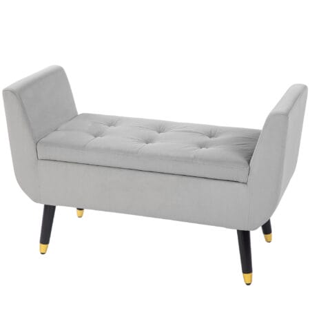 Hellgraue Sitzbank mit Stauraum in Samtoptik, Masse 107x42x65cm. Bringt Eleganz und praktische Aufbewahrung in den Raum.