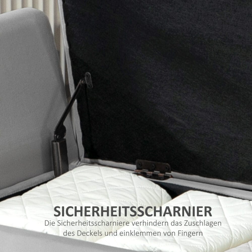 Hellgraue Sitzbank mit Stauraum in Samtoptik, Masse 107x42x65cm. Bringt Eleganz und praktische Aufbewahrung in den Raum.