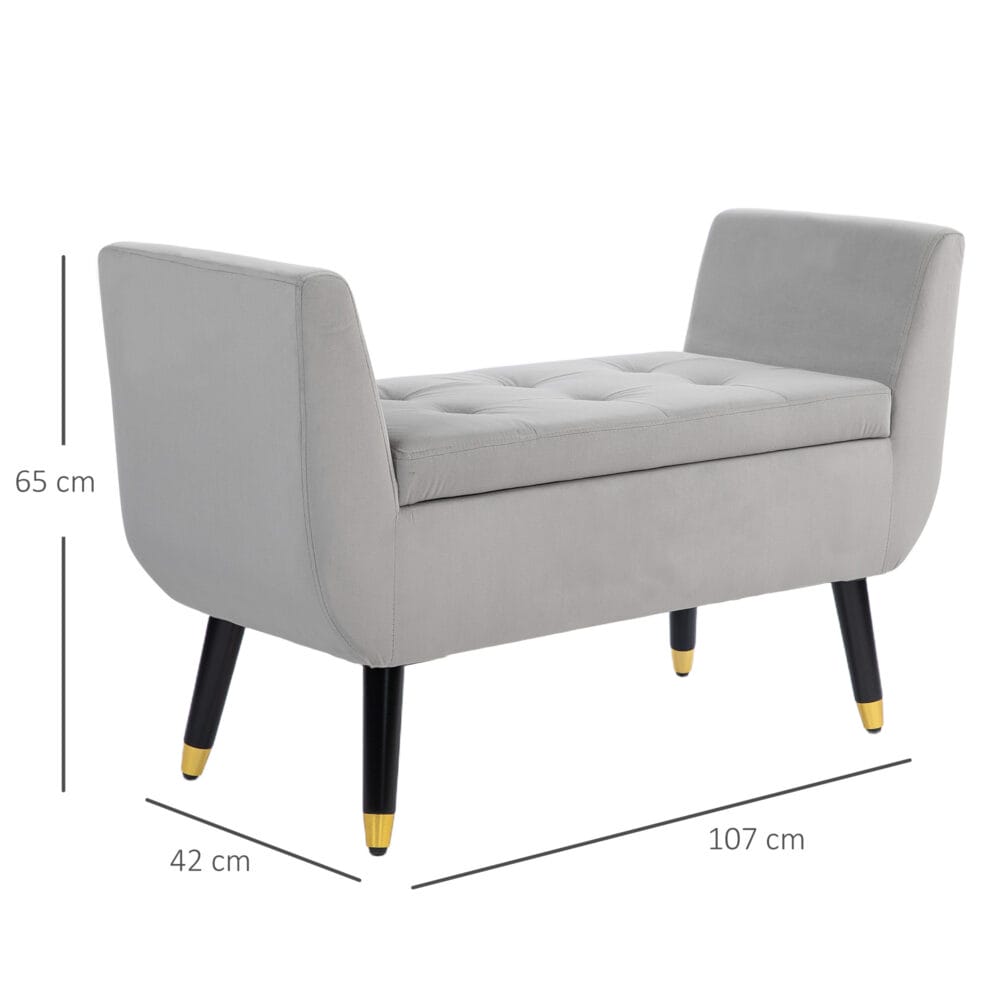 Hellgraue Sitzbank mit Stauraum in Samtoptik, Masse 107x42x65cm. Bringt Eleganz und praktische Aufbewahrung in den Raum.