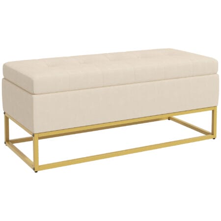 Beige Sitzbank mit Stauraum in Samtoptik, ideal für das Wohnzimmer. Eine elegante und praktische Ergänzung.