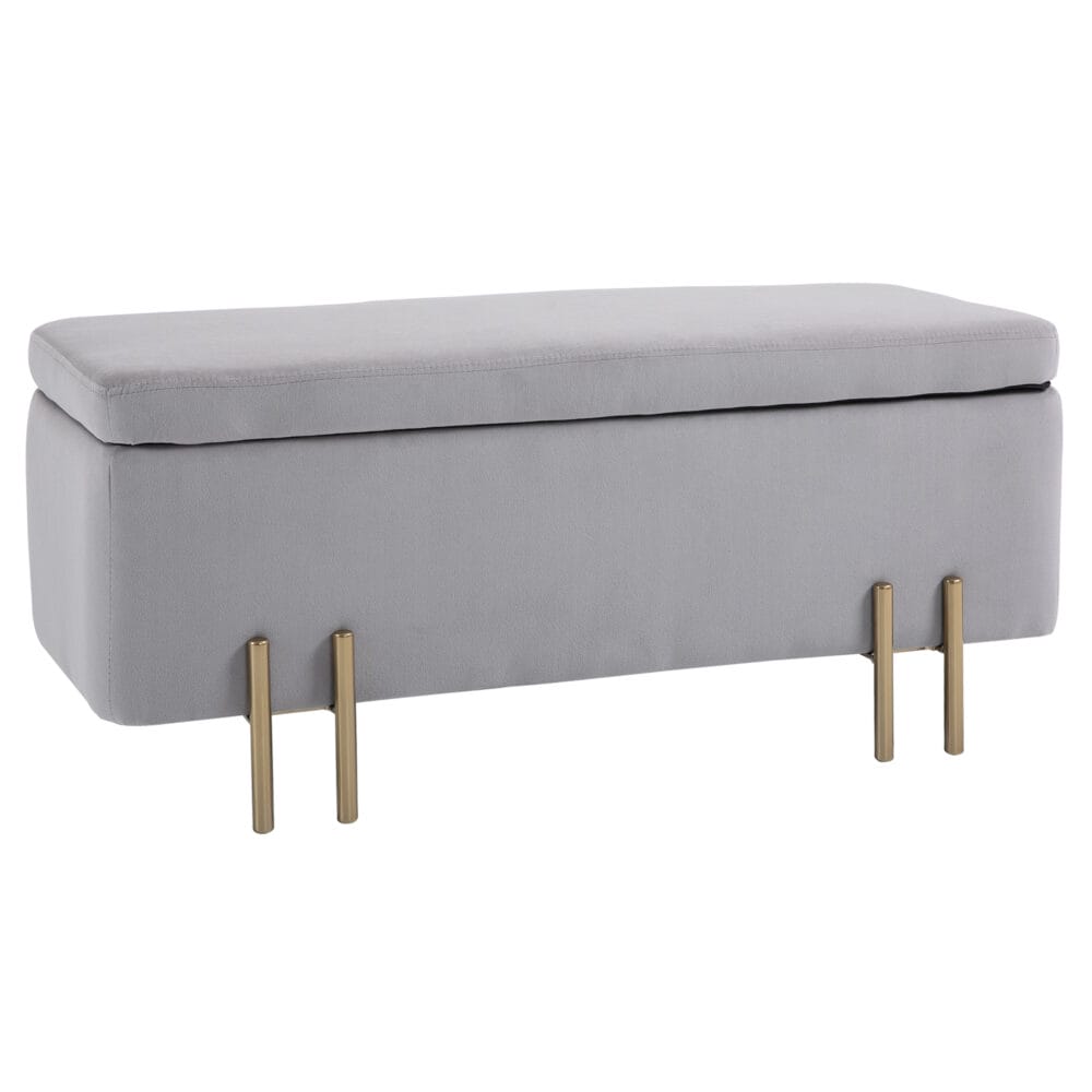 Hellgraue Sitzbank mit integriertem Stauraum, ideal für das Wohnzimmer, um Decken und Kissen ordentlich zu verstauen.