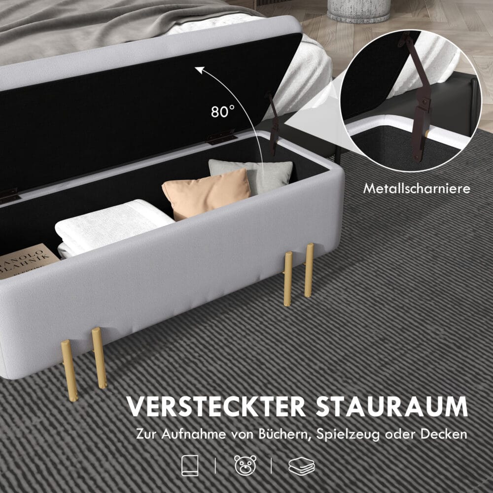 Hellgraue Sitzbank mit integriertem Stauraum, ideal für das Wohnzimmer, um Decken und Kissen ordentlich zu verstauen.
