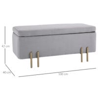 Hellgraue Sitzbank mit integriertem Stauraum, ideal für das Wohnzimmer, um Decken und Kissen ordentlich zu verstauen.