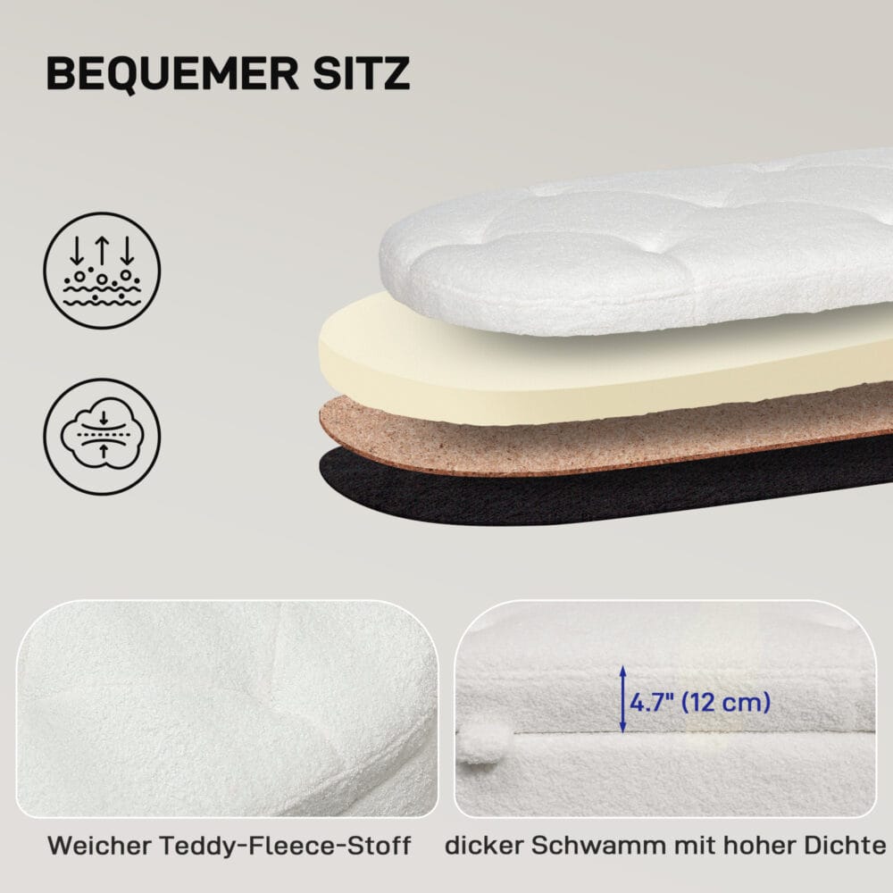 Weisse bequeme Sitzbank in kuscheliger Teddysamtoptik mit robustem Metallrahmen und grosszügigem Stauraum, ideal für Gemütlichkeit und Ordnung.