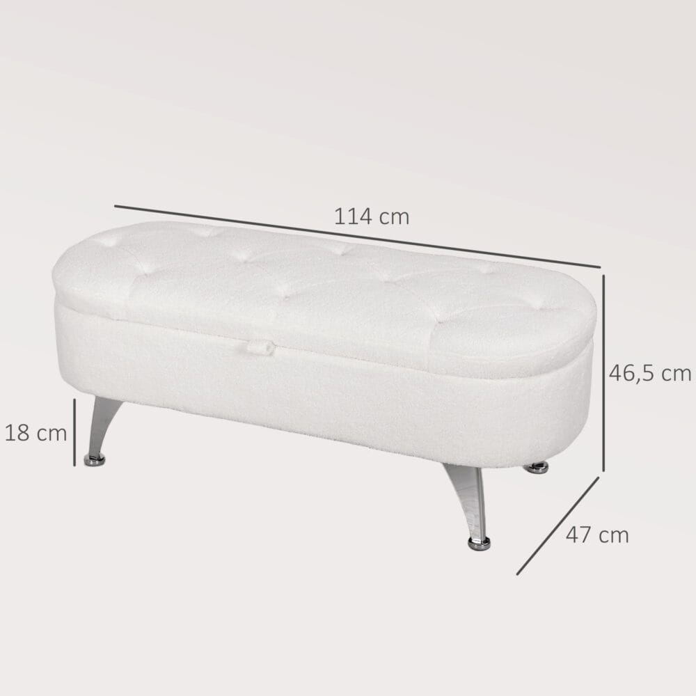 Weisse bequeme Sitzbank in kuscheliger Teddysamtoptik mit robustem Metallrahmen und grosszügigem Stauraum, ideal für Gemütlichkeit und Ordnung.