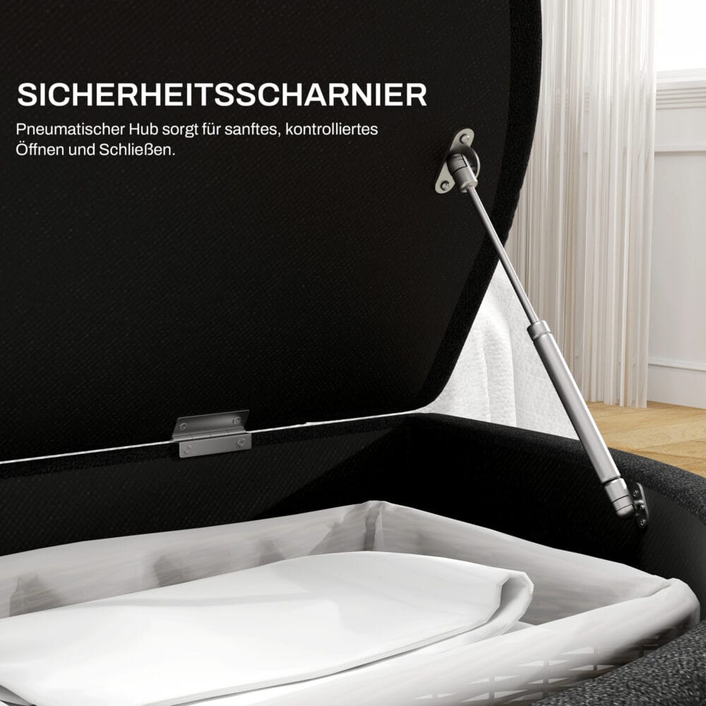 Dunkelgraue Sitzbank mit luxuriösem Velvet-Touch und integriertem Stauraum, Masse 120x46x42cm.