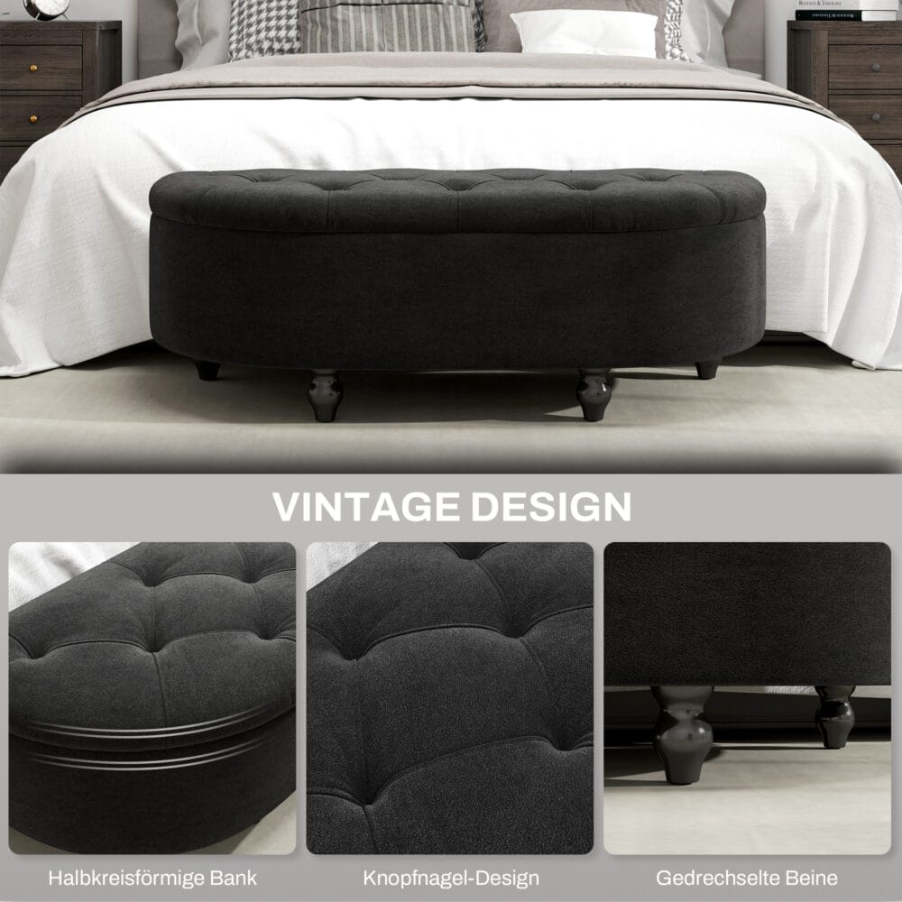 Dunkelgraue Sitzbank mit luxuriösem Velvet-Touch und integriertem Stauraum, Masse 120x46x42cm.