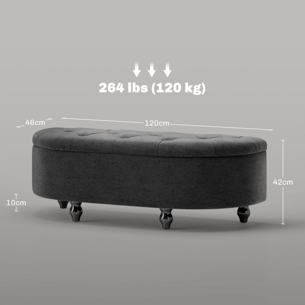 Dunkelgraue Sitzbank mit luxuriösem Velvet-Touch und integriertem Stauraum, Masse 120x46x42cm.