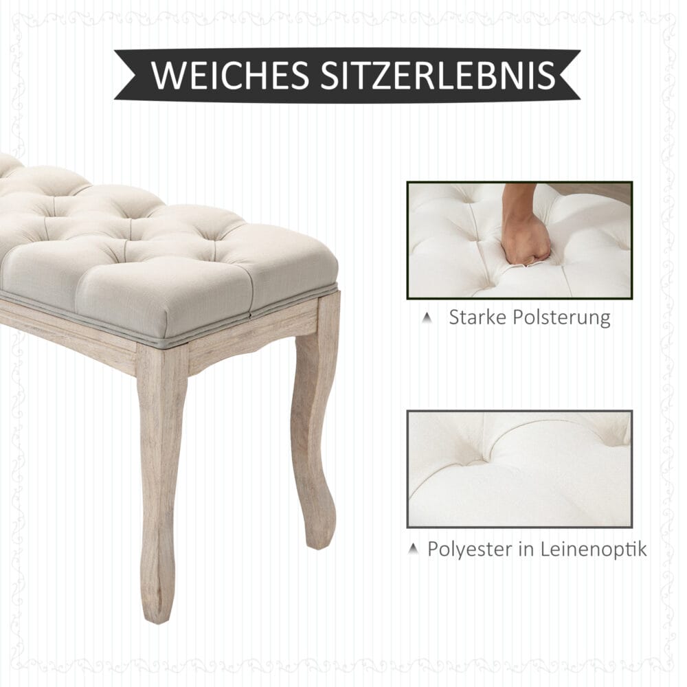 Beige Polsterbank im Vintage-Stil, gefertigt aus Gummiholz und Leinen. Eine Kombination aus Robustheit und Eleganz.