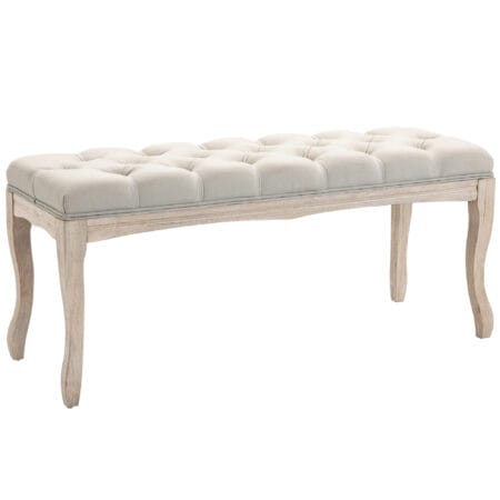 Beige Polsterbank im Vintage-Stil, gefertigt aus Gummiholz und Leinen. Eine Kombination aus Robustheit und Eleganz.