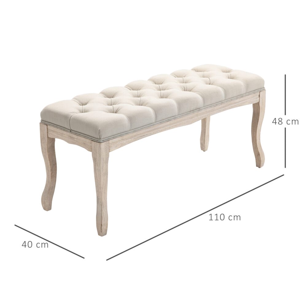 Beige Polsterbank im Vintage-Stil, gefertigt aus Gummiholz und Leinen. Eine Kombination aus Robustheit und Eleganz.
