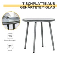 Graue Sitzgruppe mit zwei Sesseln und Couchtisch mit Stahlrahmen.