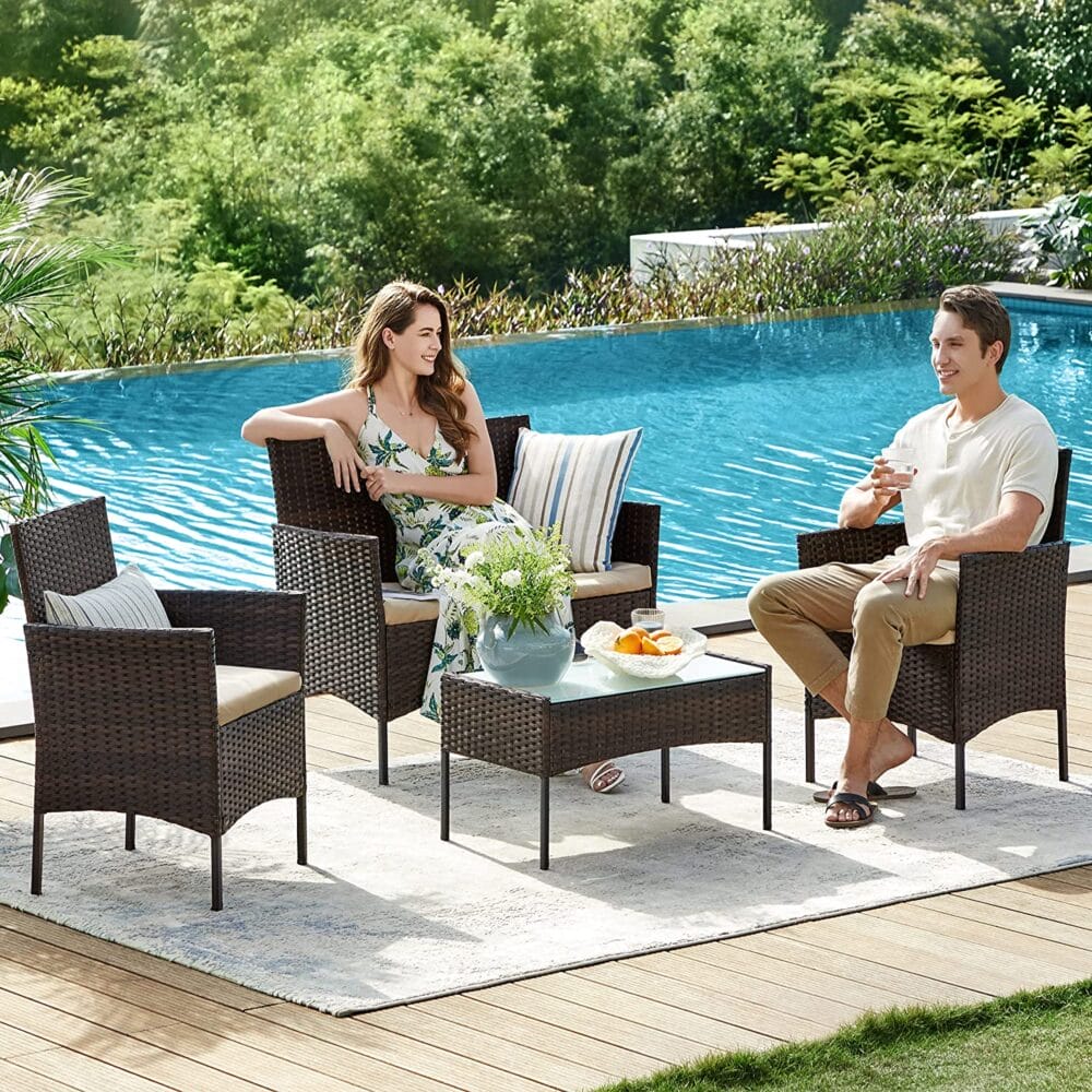 Rattan Sitzgruppe 4-teilig, Gartenbank, Sessel und Tisch, Rattan Natur