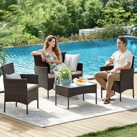Rattan Sitzgruppe 4-teilig, Gartenbank, Sessel und Tisch, Rattan Natur