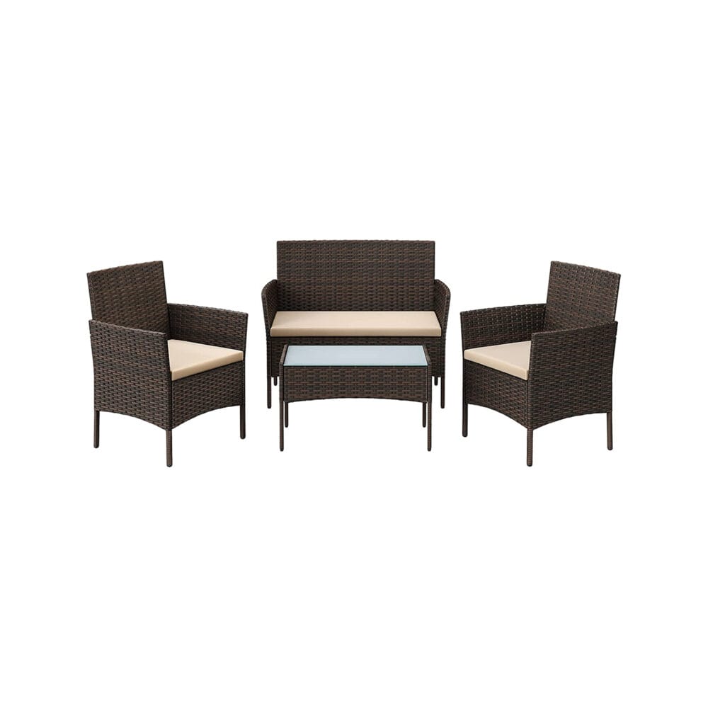 Rattan Sitzgruppe 4-teilig, Gartenbank, Sessel und Tisch, Rattan Natur