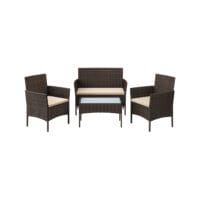 Rattan Sitzgruppe 4-teilig, Gartenbank, Sessel und Tisch, Rattan Natur