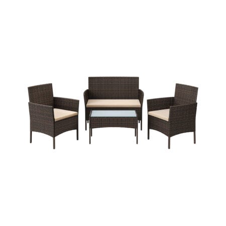Rattan Sitzgruppe 4-teilig, Gartenbank, Sessel und Tisch, Rattan Natur