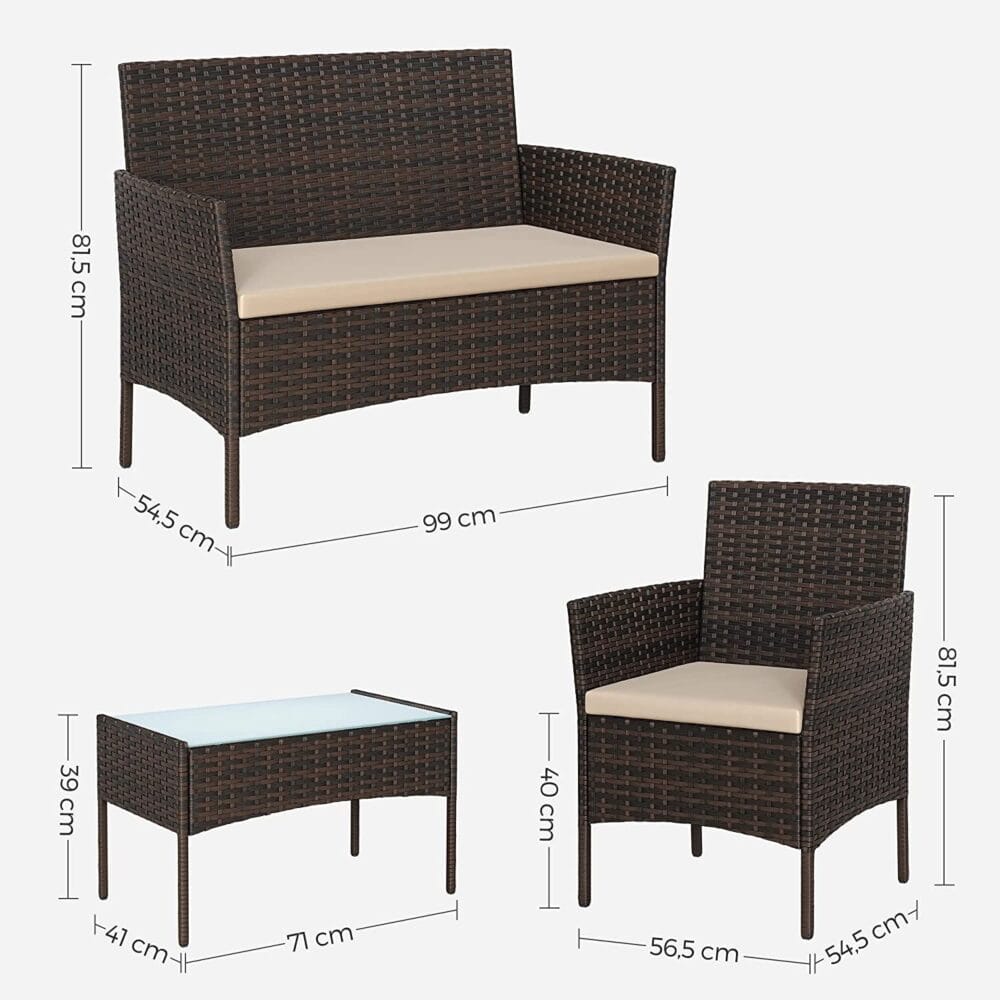 Rattan Sitzgruppe 4-teilig, Gartenbank, Sessel und Tisch, Rattan Natur