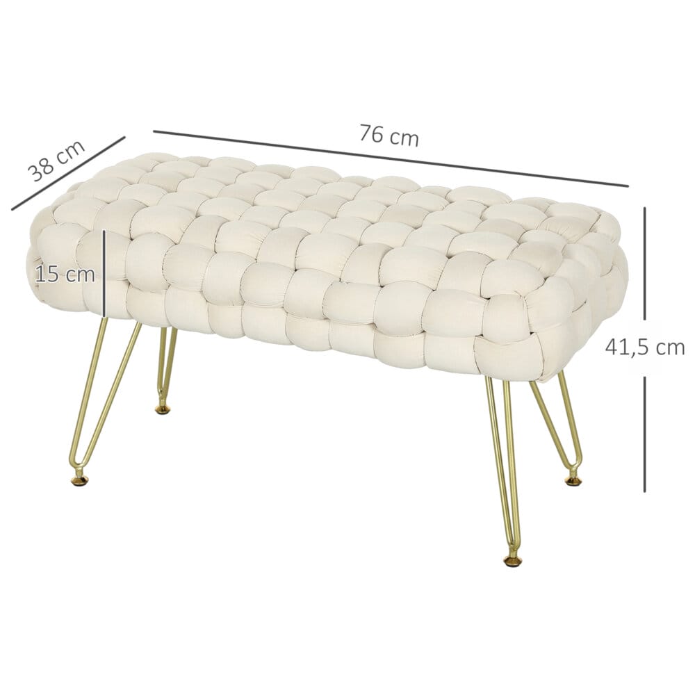Ein cremeweisser, gepolsterter Sitzhocker mit Metallbeinen in Samtoptik, Maße 76x38x41.5cm.