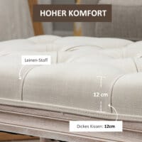 Ein cremeweisser Sitzhocker mit gepolstertem Sitz und Holzbeinen in Leinenoptik.