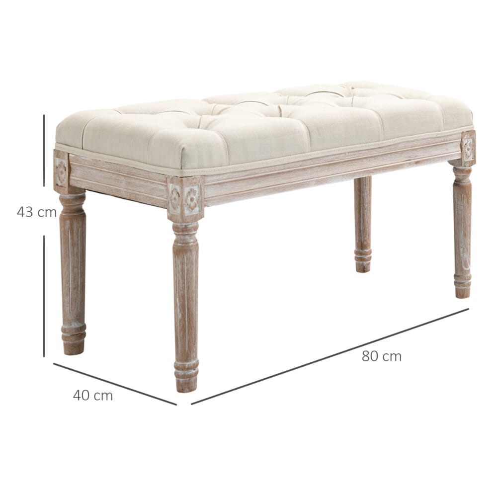 Ein cremeweisser Sitzhocker mit gepolstertem Sitz und Holzbeinen in Leinenoptik.