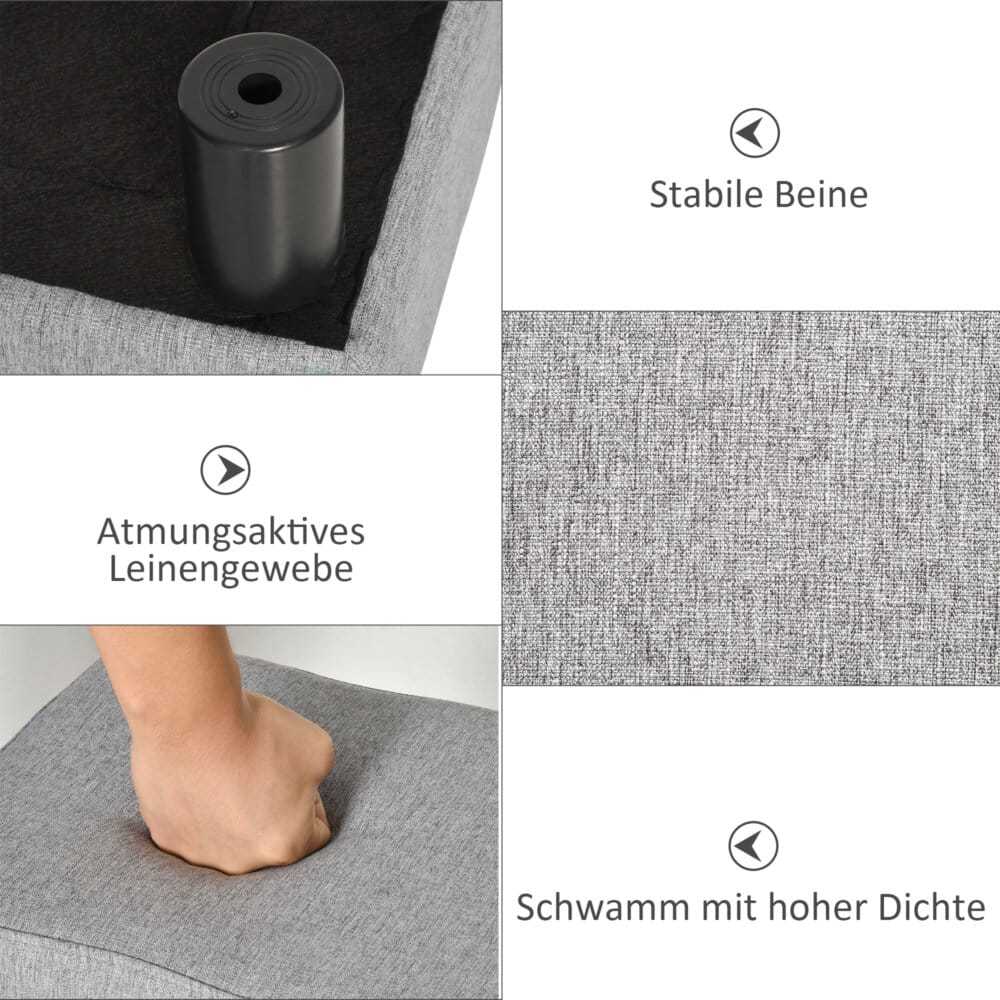 Ein grauer, rechteckiger Sitzhocker in Leinenoptik, belastbar bis 150kg.