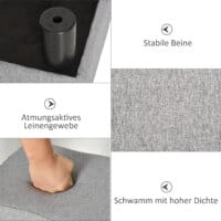 Ein grauer, rechteckiger Sitzhocker in Leinenoptik, belastbar bis 150kg.