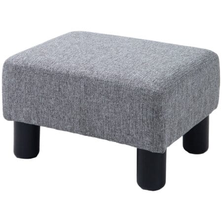 Ein grauer, rechteckiger Sitzhocker in Leinenoptik, belastbar bis 150kg.