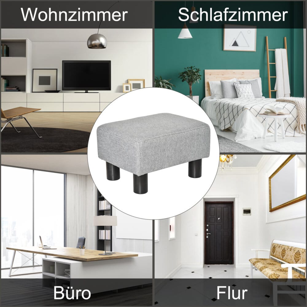 Ein grauer, rechteckiger Sitzhocker in Leinenoptik, belastbar bis 150kg.