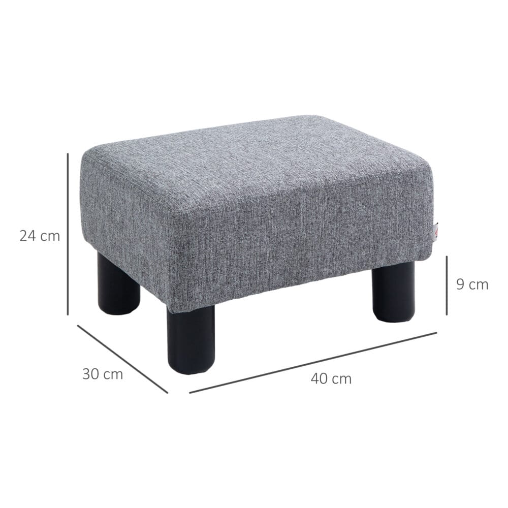 Ein grauer, rechteckiger Sitzhocker in Leinenoptik, belastbar bis 150kg.