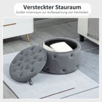 Ein grauer Sitzhocker mit Stauraum in runder Form und Samtoptik.